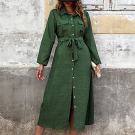 Fall Women Clothing Turn down Collar Green Long Sleeve Solid Color Dress
