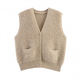 Women Clothing Autumn French Minority Towel Knitted V neck Pocket Cardigan Sweater Vest