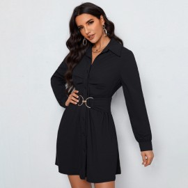 Autumn Casual Office Shirt Dress Single Breasted Black Long Sleeve Collared Dress