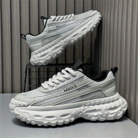 Men'S Breathable Mesh Fabric Sneakers - Lightweight, Comfortable Low-Top Dad Shoes with Thick Rubber Sole for Summer Casual Wear, White & Black Design, Breathable Shoes | Stylish Dad Shoes | Comfortable Footwear