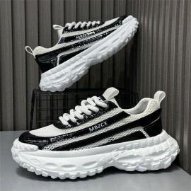 Men'S Breathable Mesh Fabric Sneakers - Lightweight, Comfortable Low-Top Dad Shoes with Thick Rubber Sole for Summer Casual Wear, White & Black Design, Breathable Shoes | Stylish Dad Shoes | Comfortable Footwear