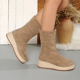 New Season Retro Velvet Comfortable Multi-Purpose Classic PU Round-Tip Mid-Calf Loafers