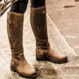Large Size Women'S Long Boots | European American Style, Flat Round Toe, Low Block Heel, Rubber Upper and Sole