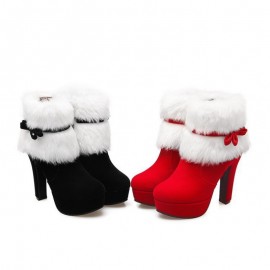 Women's Winter Warm Round Toe Short Boots - Plush Lined High Heel Hook-and-Eye Closure Mid-Block Heels Suitable for Winter, Casual Outfits & Dress Codes