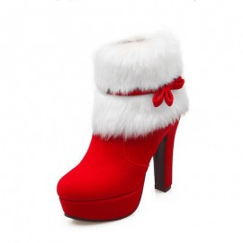 Women's Winter Warm Round Toe Short Boots - Plush Lined High Heel Hook-and-Eye Closure Mid-Block Heels Suitable for Winter, Casual Outfits & Dress Codes