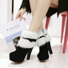 Women's Winter Warm Round Toe Short Boots - Plush Lined High Heel Hook-and-Eye Closure Mid-Block Heels Suitable for Winter, Casual Outfits & Dress Codes