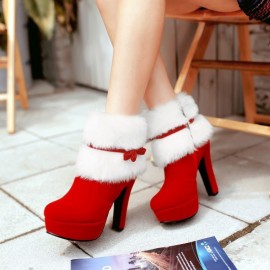 Women's Winter Warm Round Toe Short Boots - Plush Lined High Heel Hook-and-Eye Closure Mid-Block Heels Suitable for Winter, Casual Outfits & Dress Codes