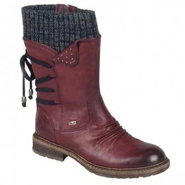 Women'S Autumn Winter Knitted Back Lace-up Mid-calf Boots | Warm Low Heel Plus Size Boots with Round Toe and Block Heel