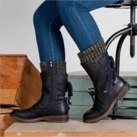 Women'S Autumn Winter Knitted Back Lace-up Mid-calf Boots | Warm Low Heel Plus Size Boots with Round Toe and Block Heel