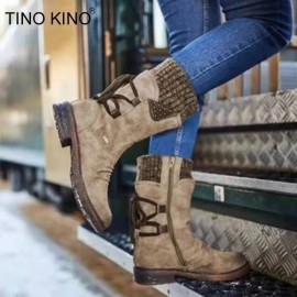 Women'S Autumn Winter Knitted Back Lace-up Mid-calf Boots | Warm Low Heel Plus Size Boots with Round Toe and Block Heel