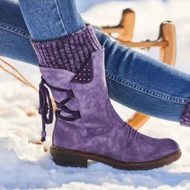 Women'S Autumn Winter Knitted Back Lace-up Mid-calf Boots | Warm Low Heel Plus Size Boots with Round Toe and Block Heel