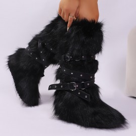 Women' Winter Fox Over-the-Knee Boots with Thick Sole & Plush - Slip- Round Toe Boots Suitable for Weather, Cozy Thick Sole Heel, Hand Washable Microfiber for Parties, Casual Attire, and Floors, Women Shoes