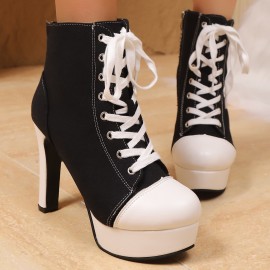 Women'S Chunky Heel Round-Toe Ankle Boots with Lace-Up & Side Zipper Closure - Vibrant Pink & Color-Block Design, Synthetic Cover Upper, Round Toe & Thick Platform Heel, Casual to Semi-Formal Daily Boots with Cushioned Insole & Arch Support