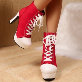 Women'S Chunky Heel Round-Toe Ankle Boots with Lace-Up & Side Zipper Closure - Vibrant Pink & Color-Block Design, Synthetic Cover Upper, Round Toe & Thick Platform Heel, Casual to Semi-Formal Daily Boots with Cushioned Insole & Arch Support