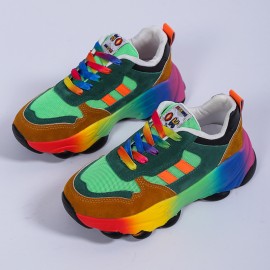 Plus Size Women'S Fashion Sneakers | Breathable Knit Lace-Up Shoes with Colorful Platform Sole, Round Toe, All-season, Sports Style, EVA Upper, Mesh Inner, EVA Insole, Rubber Sole
