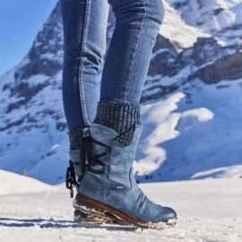 Women'S Autumn Winter Knitted Back Lace-up Mid-calf Boots | Warm Low Heel Plus Size Boots with Round Toe and Block Heel