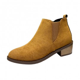 Retro Korean-style Niche Design Pointed-Toe -Lined Chunky Heel Versatile Fashion Short Boots | High Top, Fabric Upper and Insole, PVC Sole, Slip-On Closure, Solid Color, Casual Style for Fall/Winter