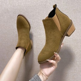 Retro Korean-style Niche Design Pointed-Toe -Lined Chunky Heel Versatile Fashion Short Boots | High Top, Fabric Upper and Insole, PVC Sole, Slip-On Closure, Solid Color, Casual Style for Fall/Winter