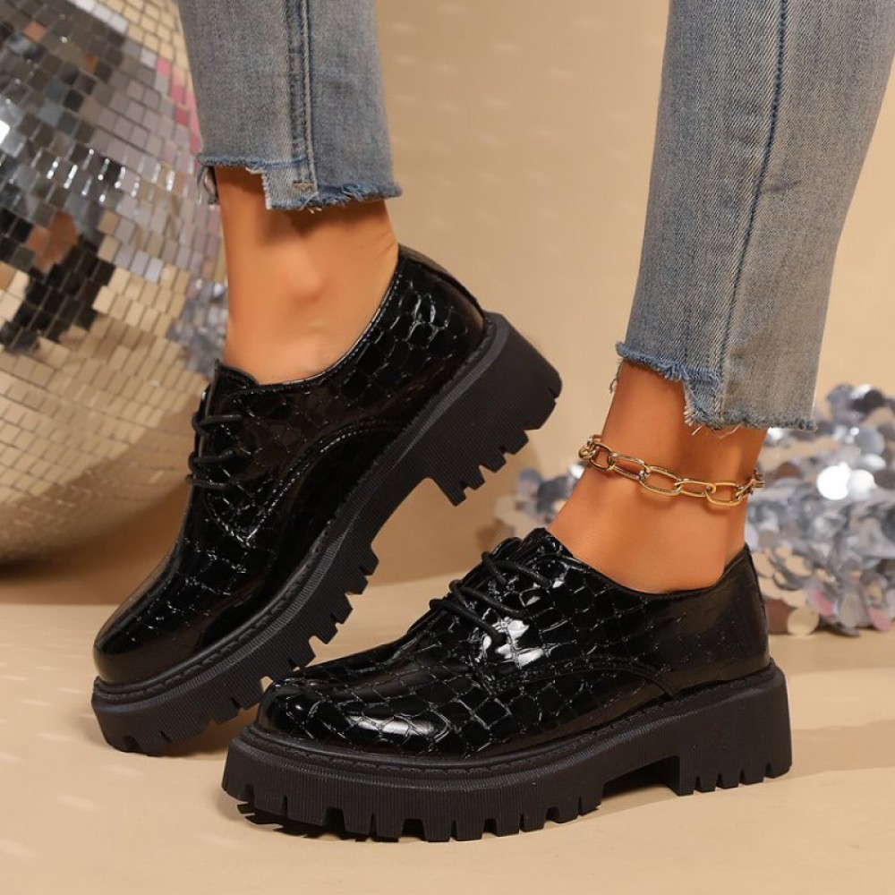 New Season Classic Round-Tip PU Deep-Well Sole Without Inner Liner Lace-Up Low-Heel(0.39-1.18inch) Casual Loafers