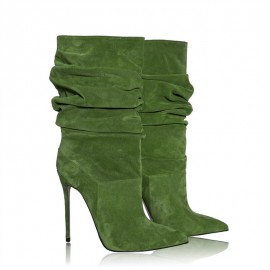 European and American Style Pleated Mid-Calf Boots | New Pointed Toe Patchwork High Heel Sexy Fashion Boots with Stiletto Heel, Slip-on Closure, and Rubber Sole