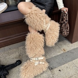 Women'S Fashionable Fluffy faux fur Over-the-Knee Snow Boots | Thick Sole Low Heel, Round Toe, Warm Winter Boots Suitable for Indoor/Outdoor Use, Casual and Semi-Formal Occasions, Polyurethane Upper and Inner, Rubber Sole