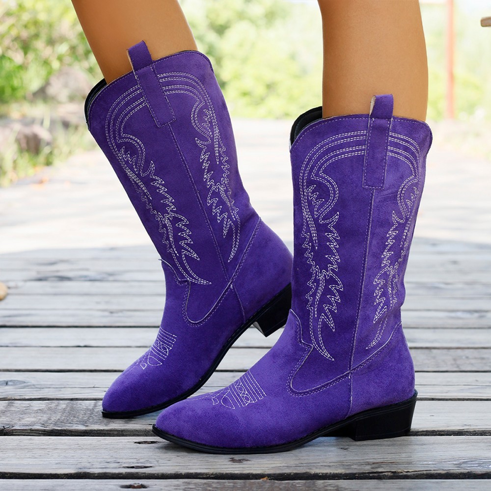 Fashion New Style Women's Chunky High-heeled Mid-calf Boots, New Slip-on Closure Embroidered Double-ear Pointed Toe Western Style Ethnic Style Boots, Women's Shoes with V-shaped Cut, Women Shoes
