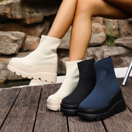 Women Stretch Knit Boots | Wedge Heel Platform Sole Comfort Ankle Boots Easy Wear Pull On Boots, Solid Color, Block Heel, Slip-on Closure, Round Toe, EVA Upper, PVC Inner, Rubber Sole