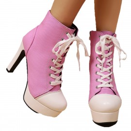 Women'S Chunky Platform High-Heeled Boots - Round Toe Winter Boots with Cushioned Insole & Slip-Resistant Rubber Sole, Vibrant Pink Large Size Casual to Formal Shoes, Soft & Durable Upper for Everyday & Special Occasions (European/American Style)